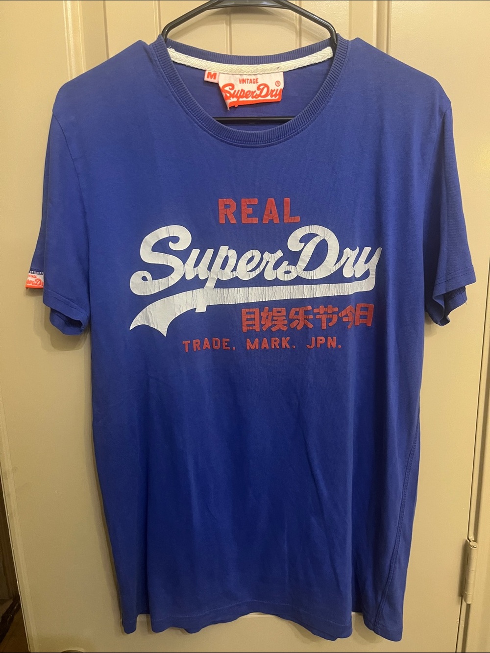 Superdry Blue Short Sleeve Logo Tee with White & Red Print